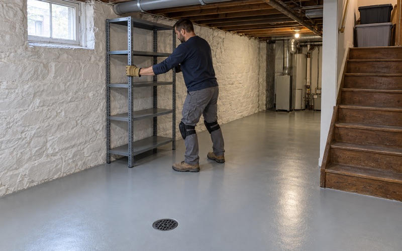 A new light gray epoxy floor in an Oak Park basement, a steel shelving unit being slid back beside the floor drain.