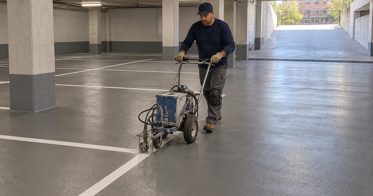 Parking stall lines being laid on a new gray coating in an apartment building’s basement garage in Oak Park.