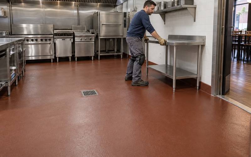 A restaurant kitchen in Oak Park with a new red-brown urethane cement floor, coved base and floor drain, a worktable eased back.