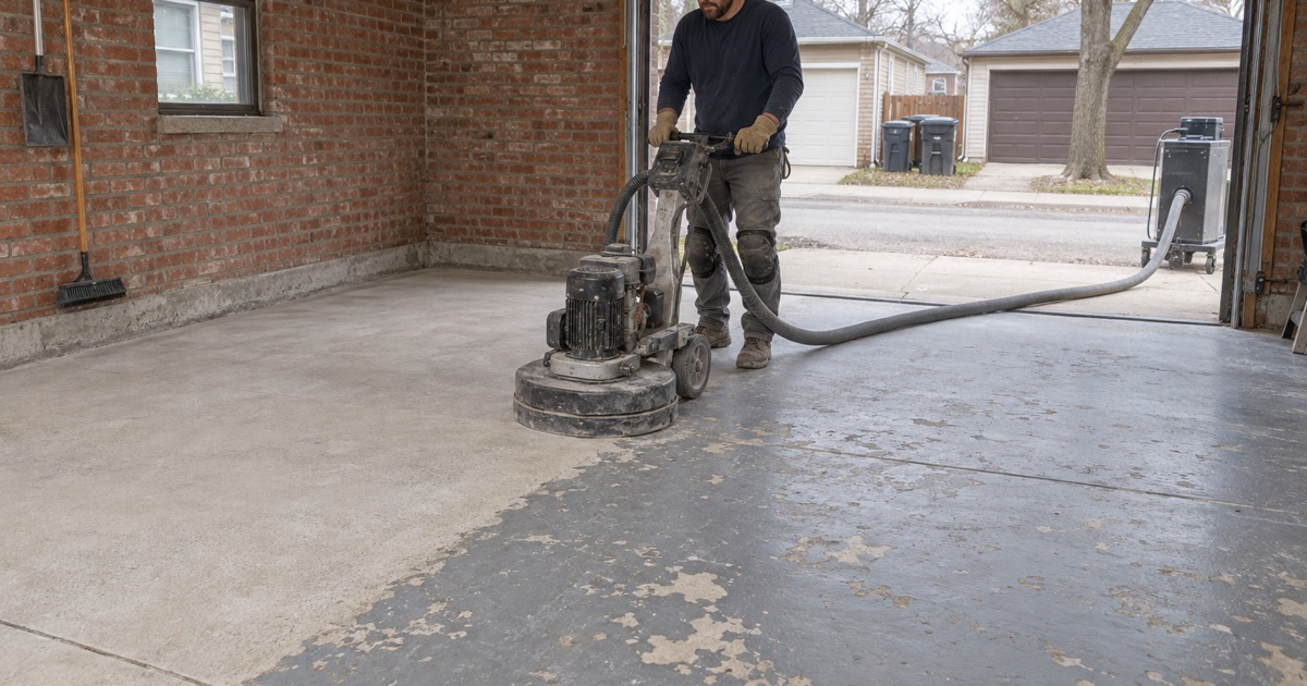 A walk-behind planetary grinder opening an old painted garage slab in Oak Park, its dust hose running to an extractor.