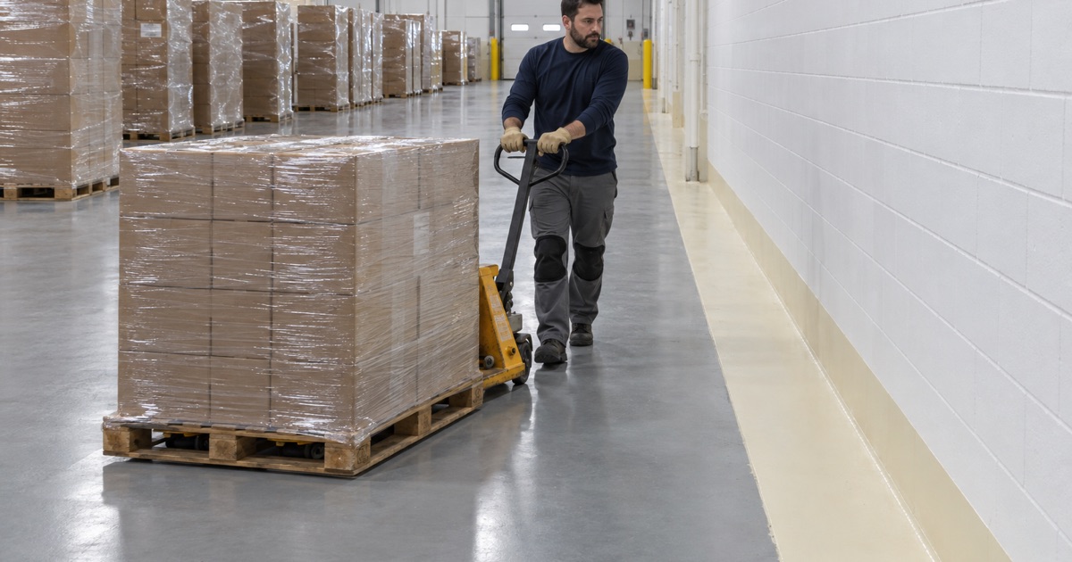 The light-painted 18-inch perimeter band along the wall of a food-grade warehouse in Alsip, pallets kept clear of it.