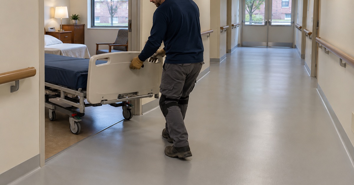 A clinic corridor in Bellwood where the new floor meets a doorway at a low beveled transition.