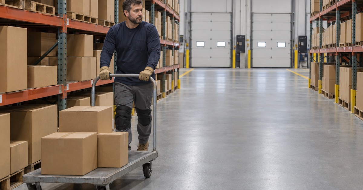 A pick-and-pack aisle in a Bensenville warehouse with a smooth, lightly textured gray floor, a picking cart moving along it.