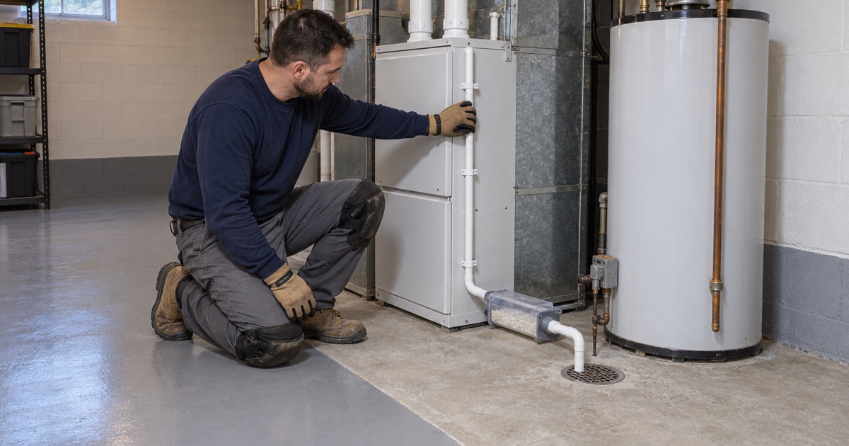 A basement furnace corner in Bridgeview with its condensate line traced to a neutralizer at the floor drain before coating.