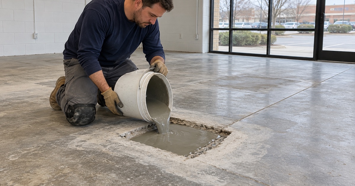 A Brookfield commercial slab ground and filled flush so the floor is level before any coating.