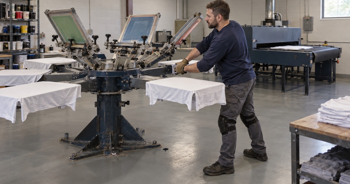 A screen-printing press room in Crestwood with a sealed smooth gray floor around a carousel press.