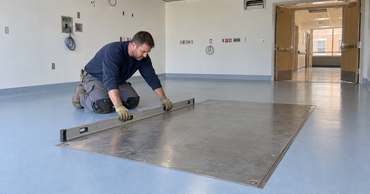 A procedure-room floor in Evergreen Park stopped and sealed at a steel equipment floorplate, checked level across the joint.