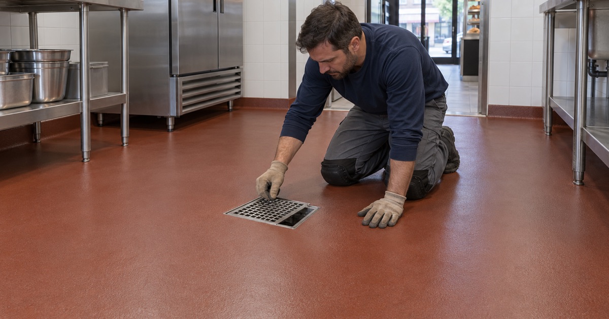 A sealed, seamless food-room floor in Forest Park, coved at the wall and graded to a floor drain.