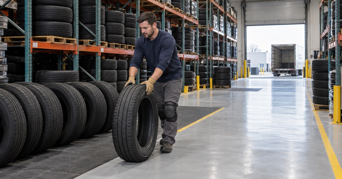 Tires standing on black rubber mats over a light gray coated warehouse floor in Franklin Park.