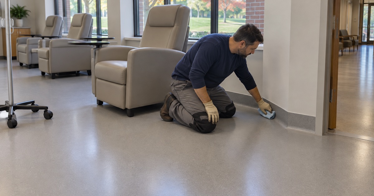 A seamless infusion-area floor in Hinsdale with integral cove base, wiped down along the wall.