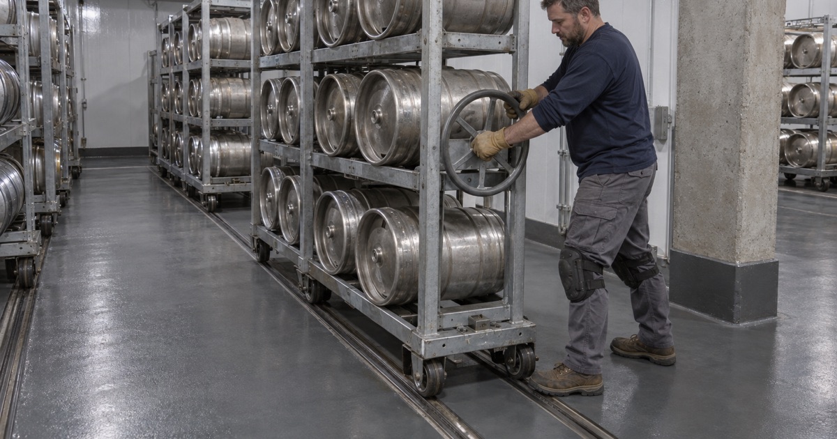 Mobile keg racking on steel rails set flush into a coated cooler floor in Lincolnwood.