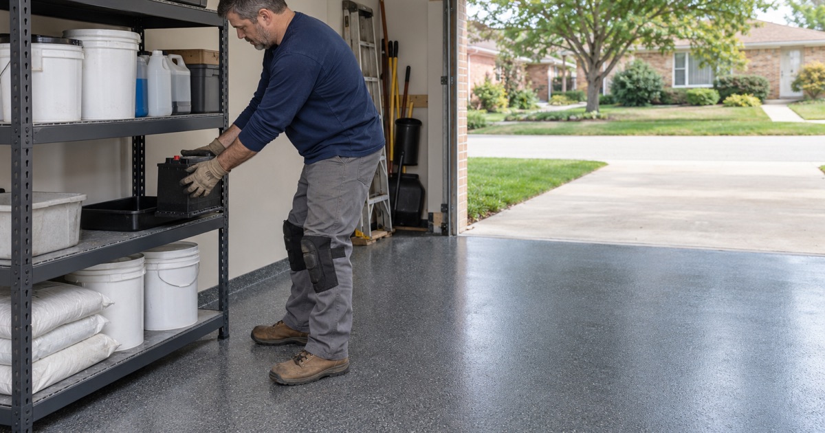 A Lyons workshop floor with plumbing chemicals stored on shelving, off the coated slab.