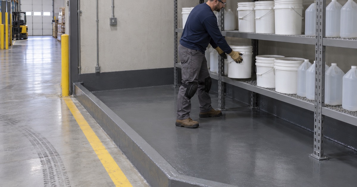 A curbed chemical storage bay inside a Northlake distribution warehouse, its coated floor and curb forming a liquid-tight area.