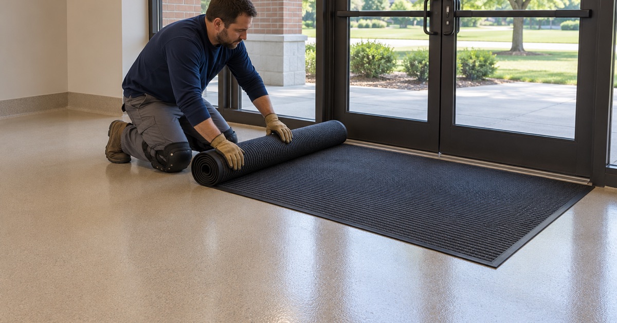 A sunlit Palos Hills lobby where daylight through the glass entry falls across a warm sand resin floor.
