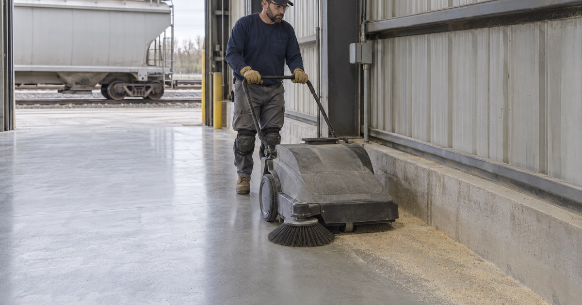 A sealed, joint-filled transload floor in Schiller Park being swept clean, rail cars visible through the open door.