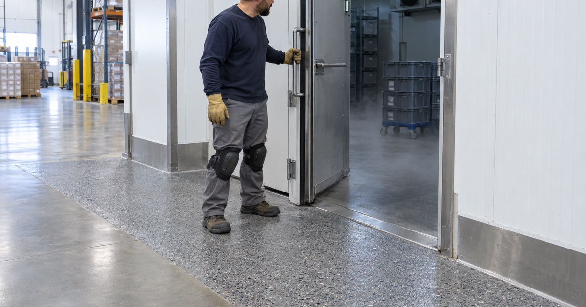A textured threshold band at a freezer doorway in a Wood Dale fulfillment building, the insulated door held open.