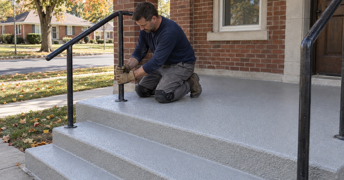A restored concrete porch at a brick public building in Worth, repaired and finished with a textured exterior coating.
