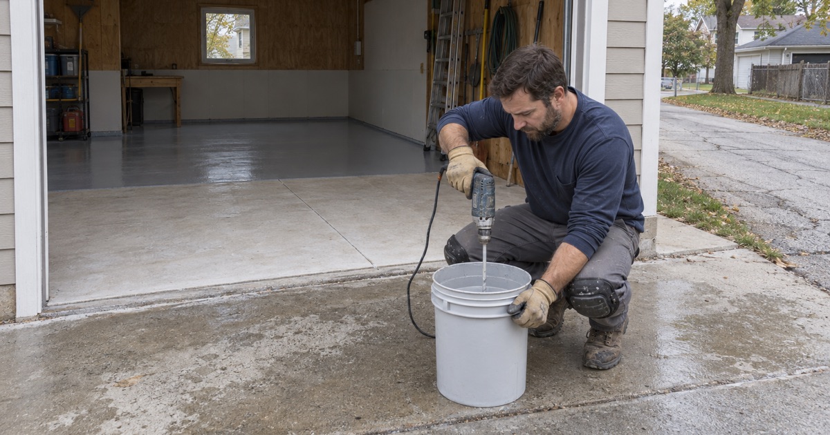 A worker mixing epoxy in a bucket on the apron of a detached Oak Park garage, the ground slab behind him half primed.