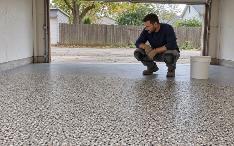 A dense gray, tan and black flake floor just broadcast in a detached Oak Park garage, the installer inspecting coverage at the edge.