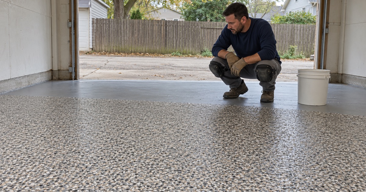 A dense gray, tan and black flake floor just broadcast in a detached Oak Park garage, the installer inspecting coverage at the edge.