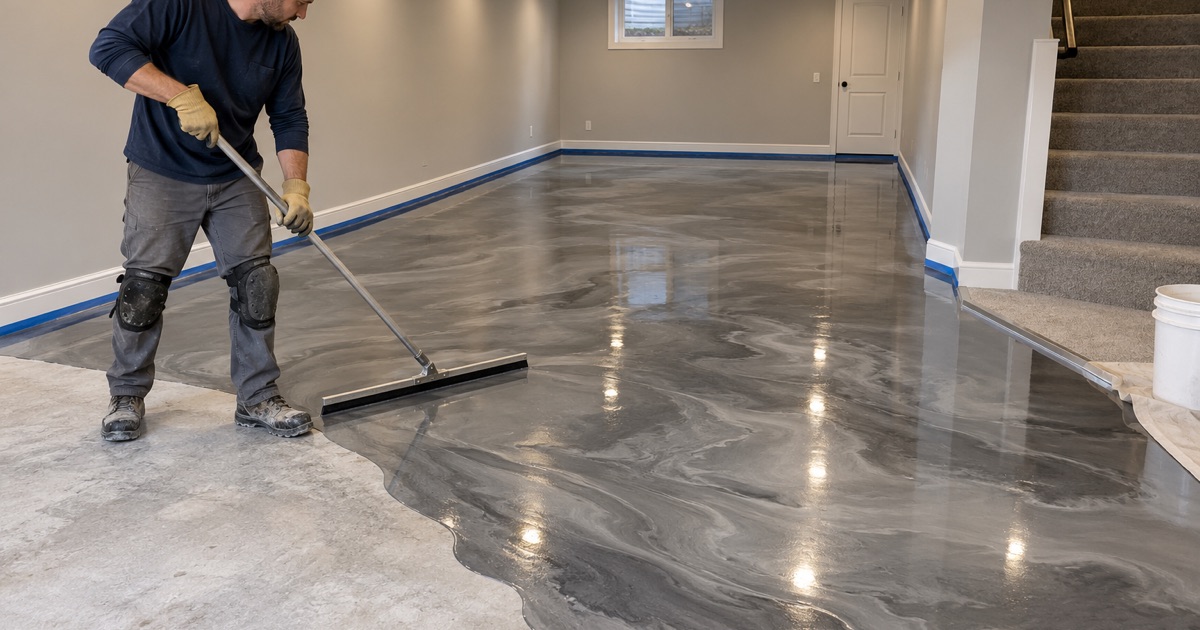 A pewter and silver metallic epoxy pour being squeegeed across a basement recreation room floor in Oak Park.