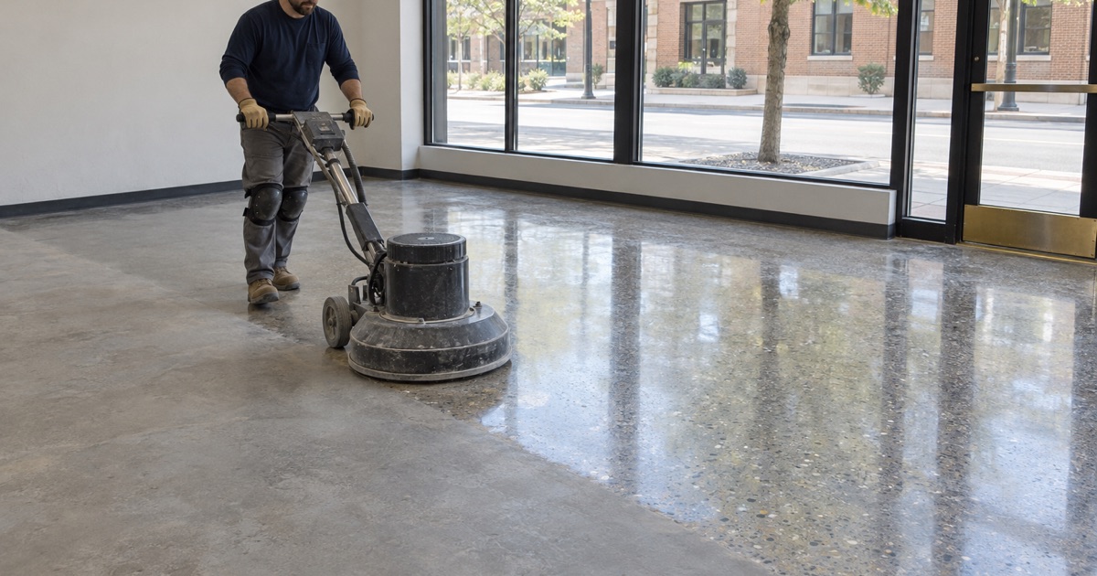 A burnisher crossing a polished concrete floor in an empty Oak Park storefront, the finished half reflecting the front windows.